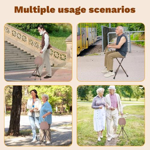 Color Brown UNLICON-Brown Folding Cane Stool with Seat – Lightweight Adjustable Walking Cane for Seniors, Ergonomic Design, 330 lbs Capacity, Portable and Convenient Cane Chair with Anti-Slip Feet
