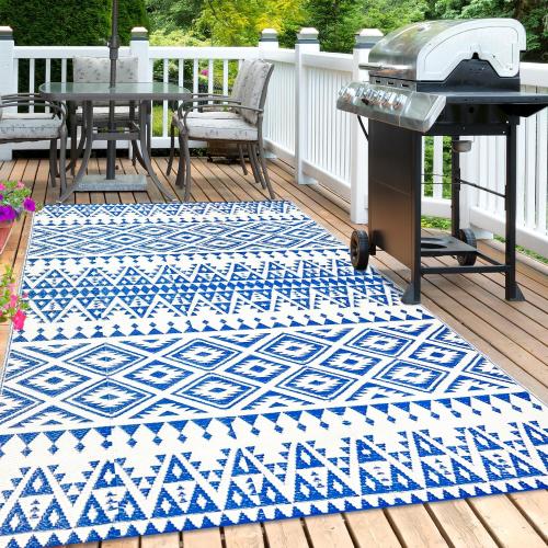 Waterproof Outdoor Rug 5x8ft, Bohemia Reversible Plastic Straw Mat for Patio RV Deck Porch Backyard Balcony Camping Picnic Beach Indoor Outdoor Carpet, Blue&White
