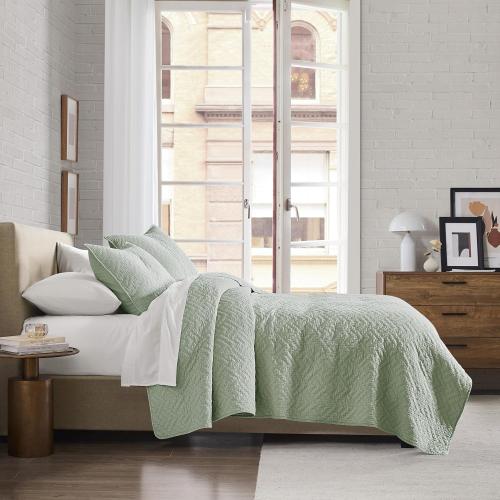 palassio Sage Green 100% Cotton Quilt Queen Size Bedding Sets with 2 Pillow Shams, Lightweight Textured Farmhouse Country Bedspread Soft Shabby Chic Patterned Coverlet for All Season, 3 Pieces