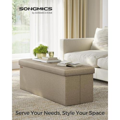 SONGMICS MAZIE Collection - 43 Inches Folding Storage Ottoman Bench, Ottoman Foot Rest, End of Bed Bench, Storage Chest, Load 660 lb, for Living Room, Bedroom, Entryway, Camel Brown ULSF077R01