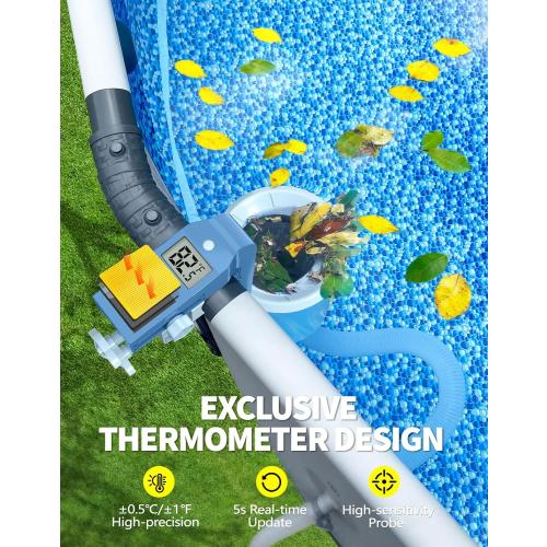BluSwim Above Ground Pool Skimmer with Solar Digital Thermometer | Wall Mount Surface Skimmer - Auto Skimming Pool Floating Debris | 2 Upgraded Bracket - Stable&Height Adjustable-Steel Blue