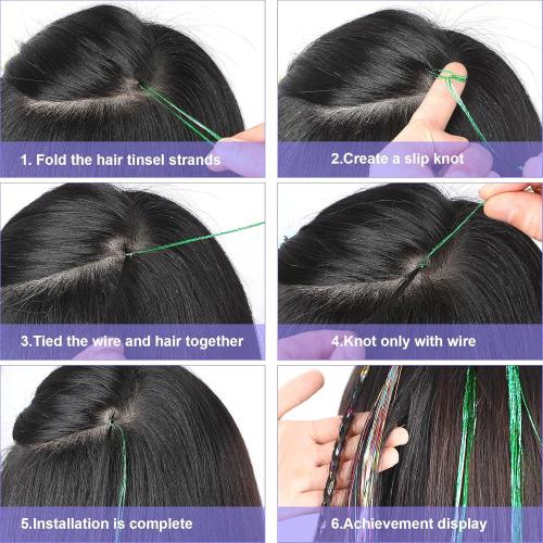 FEBSNOW 47 Inches Rainbow Tinsel Hair Extension with Tool 2400 Strands 12 Mixed Colors Hair Extension Tinsel Kit Glitter Rainbow Hair Extensions for Gay Pride Month Activities Accessories