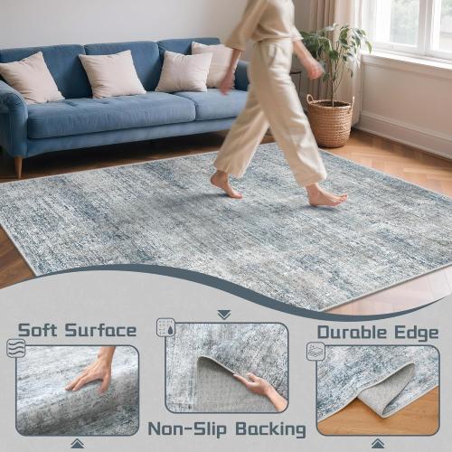 9x12 Washable Rug for Living Room - Abstract Large Rugs for Bedroom, Indoor Non-Slip Soft Carpet,Blue Gray