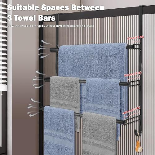 Livabber 3-Tier Over The Door Towel Rack, All Metal Towel Rack with Hooks for Door Hanging, Behind Door Towel Bar Towel Storage Holder for Bathroom Accessories, Black (22.8 L x 5.9 W x 24.4 H)
