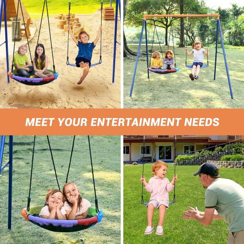 Swing Set for Backyard, 440lbs Swing Set with Heavy-Duty A-Frame Metal Stand, 1 Saucer Swing Seat & 1 Belt Swings Seat