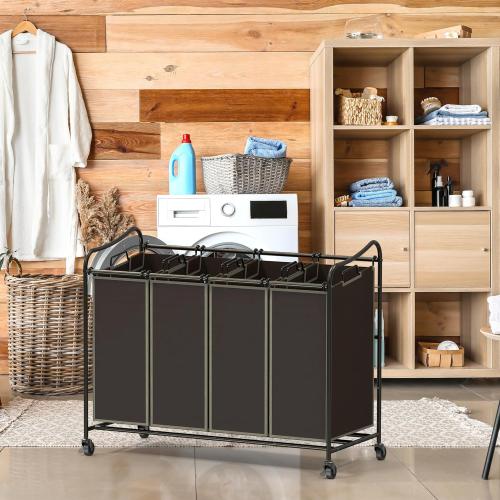 Simple Houseware 4-Bag Heavy Duty Laundry Sorter Rolling Cart, Brown