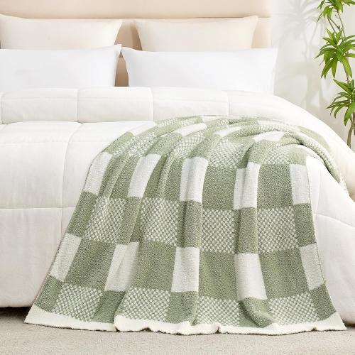 Snuggle Sac Checkered Blanket, Sage Green Throw Blanket for Couch Plaid Microfiber Fluffy Warm Cozy Fuzzy Soft Throw Blanket Reversible Checker Blankets for Sofa, Chair, Bed, 50x60 inches