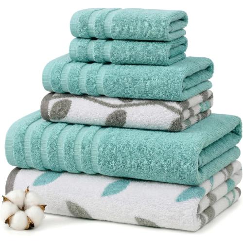 Modern Threads 6 Piece Bath Towel Set – Bathroom Set with 2 Bath Towels, 2 Hand Towels, and 2 Wash Cloths – 100% Cotton, Super Absorbent & Extra Soft – Reversible Natural Vine (Aqua)