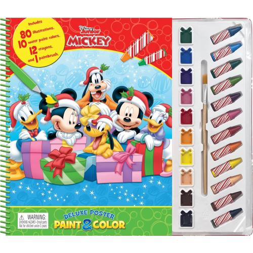 Disney Junior Mickey Christmas Deluxe Poster Paint & Color - Coloring Book for kids, 80 illustrations, 10 watercolor paints, 12 crayons, 1 paint brush