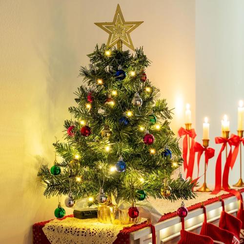 JOIEDOMI 24/2FT Small Tabletop Christmas Tree with Lights with Star Treetop and Hanging Ornaments, Pre-lit Artificial Christmas Green LED Mini Tabletop Tree for Xmas Decorations Indoor Outdoor