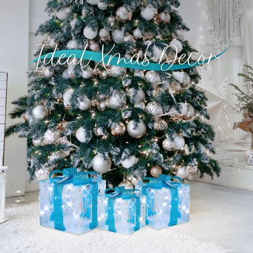 Set of 3 Christmas Lighted Gift Boxes, Indoor Christmas Decor with 60 LED Cool White Mini String Lights, Present Boxes with Bows and Snowflake Design for Xmas Tree Holiday Home Mantel Decor