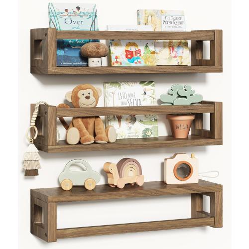 Upgraded Thick Floating Shelves, Solid Wood Bookshelf for Wall, Floating Book Shelves Use as Wall Shelves for Bedroom, Kids Room, Nursery, Books, Spice Rack & Decor – Dark Walnut Brown