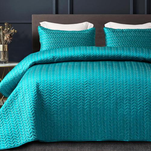 Whale Flotilla Silky Soft Satin Quilts Queen Size, Luxury Reversible Lightweight Bedspreads Covelets for All Seasons, Leaf Stitched Pattern Bedding Set with Satin Pillowcases, Turquoise