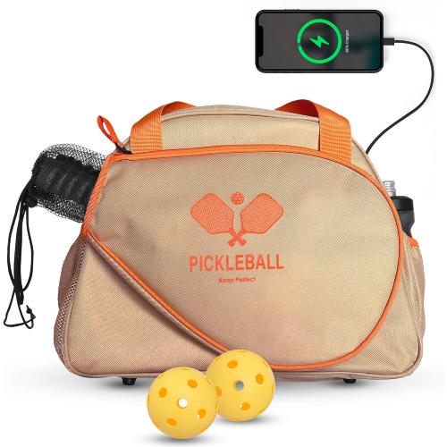 Pickleball bag, Pickleball Bags for Women, Pickleball Bags for Men, Premium Large Capacity Pickle Ball Bag with USB Charging Port, Pickleball Accessories, Pickleball Gifts For Women, Orange & Khaki