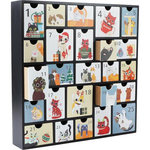 SUNGIFT Wooden Advent Calendar with Drawers - Refillable Christmas Countdown Calendar with Cute Cat Design for Gifts