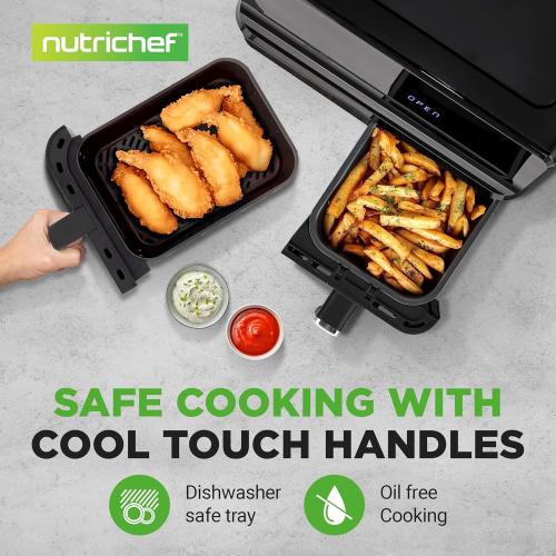 NutriChef Double Basket Air Fryer 8.8 QT | Family Size Oil Free Digital Cooker with Transparent Window | 9-1 Preset Cooking Options | 360° Hot Air Circulation Technology | 4.4 QTs per Basket | Black
