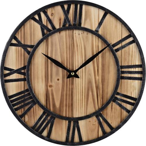 16-Inch Rustic Vintage Metal & Wood Silent Non-Ticking Decorative Wall Clock with Large Roman Numerals