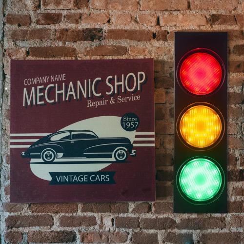 Traffic Light Wall Lamp Remote Control Retro Kids Bedroom Stop Light, Plug in Industrial LED Wall Sconce, 18.5’’ Vintage Fun Signal Lights for Home Office Bar Garage Car Room Decor Christmas
