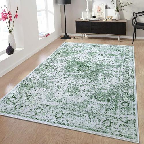 Keeko 5x7 Area Rugs for Living Room Bedroom, Large Vintage Machine Washable Rugs Soft Fluffy Indoor Accent Print Rug Non Shedding Non Slip Floral Carpet Rug for Office Dining Room Decor Green