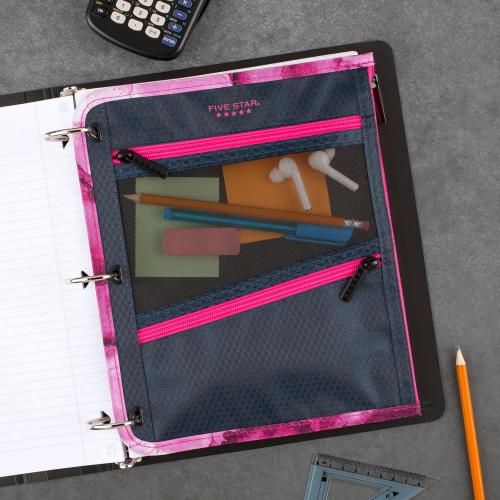 Five Star Pencil Pouch, Pen Case, 3-Pocket Zipper Pouch, Fits 3-Ring Binder, Storage Organizer for Classroom Supplies Earbuds Chargers Cables Makeup, Navy/Pink (506420B-ECM)