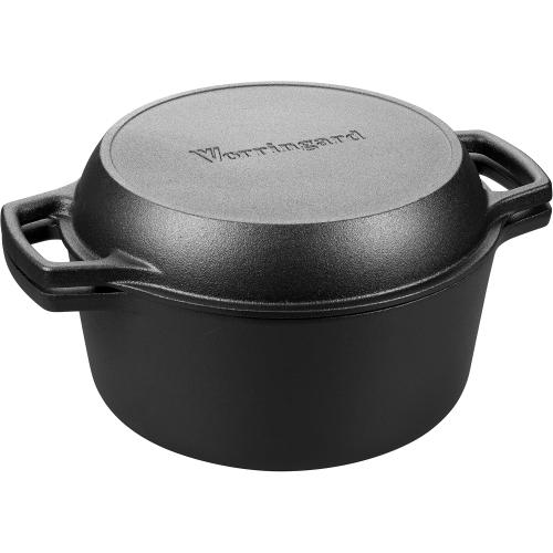 Pre-seasoned Cast Iron Double Dutch Oven Pot with Skillet Lid, Dual-handle, for Bread Baking, Outdoor, Campfire Cooking, 5 Quart