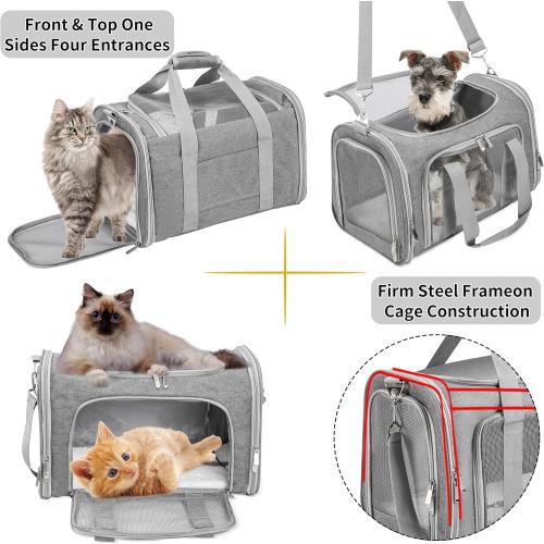 Soft-Sided Cat/Dog/Pet Carrier, Collapsible Pets Travel Carriers for Big Cats/Small Dogs with Shoulder Strap & Removable Mat, Mesh Puppy Carry Bag, Up to 16 Lbs, TSA Airline Approved(Gray)