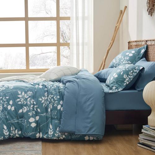 Bedsure Queen Comforter Set - 7 Pieces Floral Mineral Blue Soft Bedding Sets, Queen Bed in a Bag with Botanical Flowers Comforter, Sheets, Pillowcases & Shams