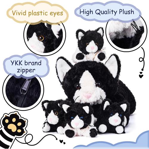 IKASA Mommy Cat Stuffed Animal Mom and Baby Plush Toy,Cute 16 Soft Cuddly Huggable Toys with Little Mini Babies Kitten,Gifts for Kids Girls Boys