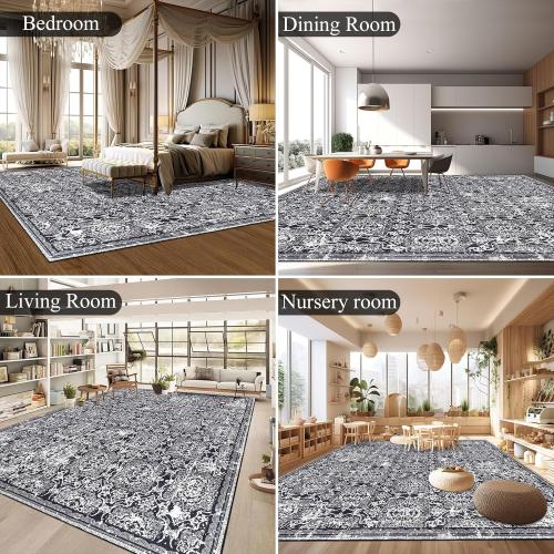 Vaukki Living Room Rug, Vintage Shaggy Soft Laundry Rug, Non Slip Kitchen Area Mat, Washable Farmhouse Bedroom Area Carpet for Bathroom, Kitchen and Kidsroom (8'x10', Black)