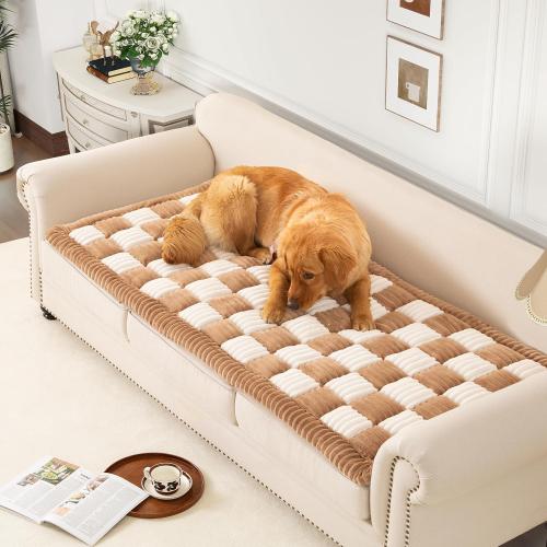 Washable Dog Couch Cover, Heavy Duty Anti-Slip Pet Sofa Protector, Chic Scratch Proof Hair Resistant Thick Fluffy Pad, Fits Sectional/L/U Shape Furniture, Brown
