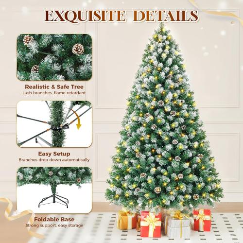 HOLLO STAR 7.5 ft Prelit Christmas Tree with 379 LED Lights, App Control, Artificial Christmas Tree, Multi-Color RGBW Lights, 1476 Flocked Frosted Tips, 86 Pine Cones, Metal Base, for Home, Party