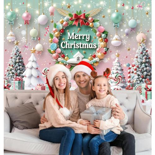 Merry Christmas Backdrop Cartoon Xmas Tree Garland Photography Background Xmas New Year  (8x6FT)