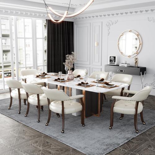 LEEMTORIG Large Dining Chairs with Casters and Arms, Rolling Dining Chairs with Wheels, Accent Game Poker Chairs, Wood Boss Caption's Chairs, 26“Dx25.2 Wx31.5“H, Cherry Legs & Ivory PU, SY-1533-WT