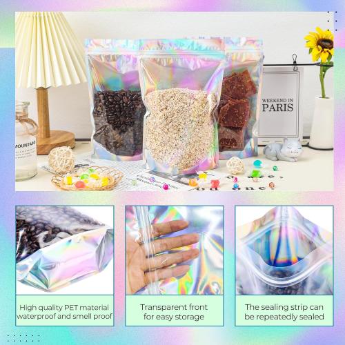 NPLUX 50 Pack Holographic Mylar Bags with Window, 6x9 in Stand Up Pouches