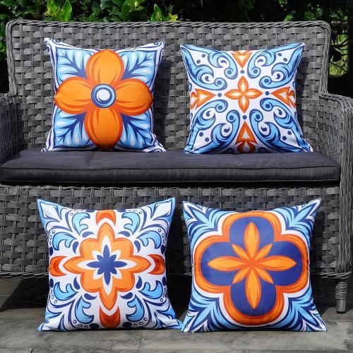 ONWAY Outdoor Pillow Covers Waterproof Set of 4 Floral Boho Decorative Throw Cushion Cover Farmhouse Pillows for Bench, Couch, Sunbrella and Patio Furniture (BlueOrange, 18x18 Inch)