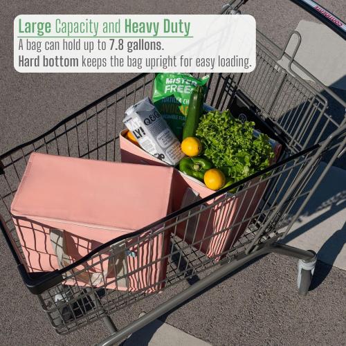 VENO 2 Pack Cooler Bag and Insulated Grocery Bags for Food Delivery, Collapsible Cooler. Reusable Shopping Bags for Groceries with Hard Bottom, Zippered, Foldable, Heavy-Duty (Peach Pink, 2 Pack)