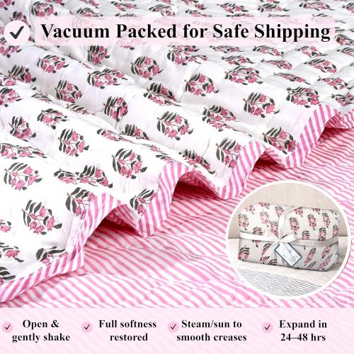 Ridhi Block Print Reversible Cozy Quilt Punch Pink Twin 60 X 90 Lightweight Blanket for Sofa, Couch, Bed Soft Breathable Comforter Handmade Bedspread Duvet for Farmhouse, Home, Winter