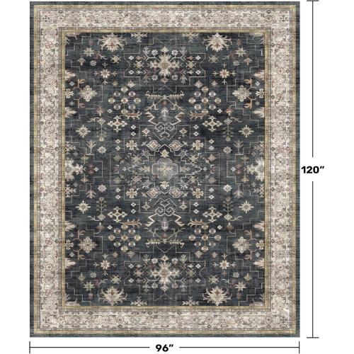 Size large Black Farmhouse Washable Area Rugs for Living Room, Bedroom, Dining Room Kitchen Table Rug for Under Table, Office, Dark Charcoal Tumble Stain Resistant Non-Slip Large Washable