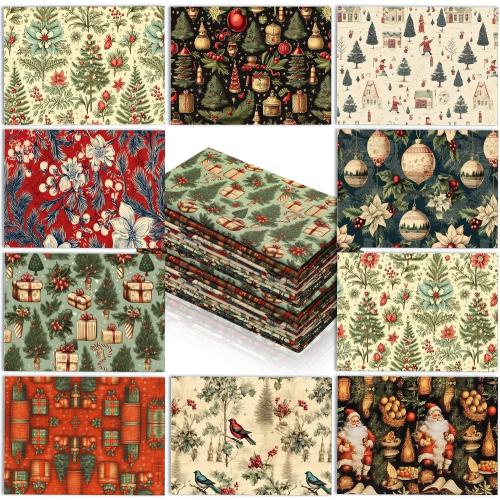 Hahafelt 10 Pcs 18 x 22 Inch Vintage Christmas Quilting Fabric Bundles Christmas Fat Squares Patchwork Precut Strips Red Cardinal Fabric Materials for Xmas Holiday Quilting Crafting DIY