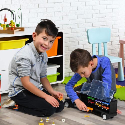 Toy Truck Car Carrier - Includes 6 Toy Cars and Accessories, Fits 28 Toy Car Slots - Great Gift for Boys and Girls - Original - By Play22
