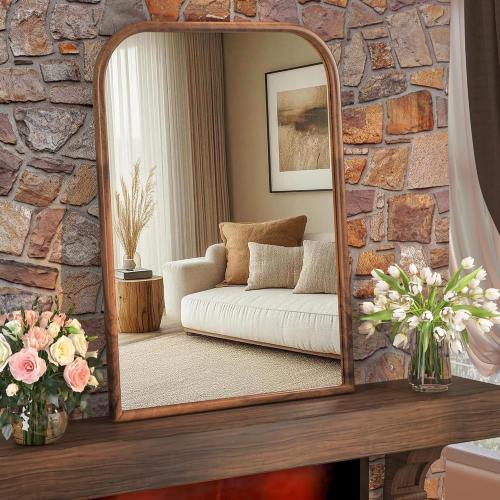 30x40 Arch Wall Mirror Bathroom Mirror for Wall Mounted, Tempered Glass, Wood Grain Finish Frame Wall Mirror Decorative for Bedroom Living Room Entryway