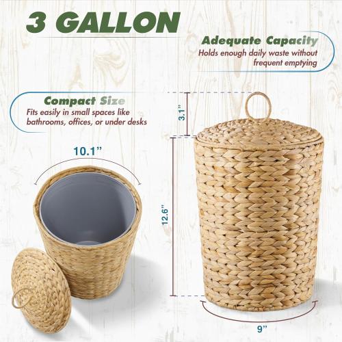 Size 3 gallon Wicker Trash Can with Lid and Removable Liner, Wicker Rattan Bathroom Trash Can, Large Woven Bin for Office, Hyacinth Waste Basket for Home Kitchen (Natural, 3 Gallons)