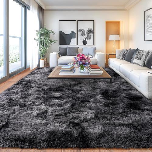 Shaggy Area Rugs, Fuzzy Rugs for Living Room, Soft Nursery Area Rug for Girls, Tie Dye Black Gray Plush Area Rugs Non Slip, Fluffy Rug Carpet