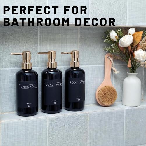 Shampoo and Conditioner Dispenser Set of 3,Modern Refillable 16oz Shampoo and Conditioner Bottles with Pump,Stylish Shower Soap Dispenser with Waterproof Labels for Bathroom (Black)