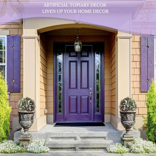 AUMMOOH Artificial Boxwood Topiary Ball Trees Set of 2 – Daisy or Rose Flower – Red or Purple – UV Resistant Stake Plants for Planters Porch Patio Garden Decor(Purple, Daisy)