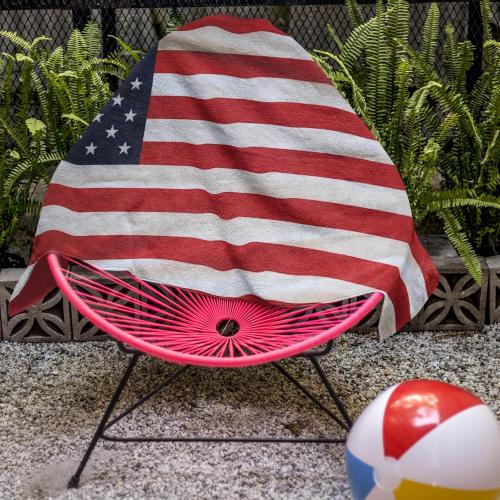 USA American Flag Beach Blanket Towel 30”x60” – 100% Cotton Velour, Highly Absorbent, Fast Drying, Easy-Pack for Spring Break, Vacation, Beach, Pool, or Sunbathing, Lightweight, Compact