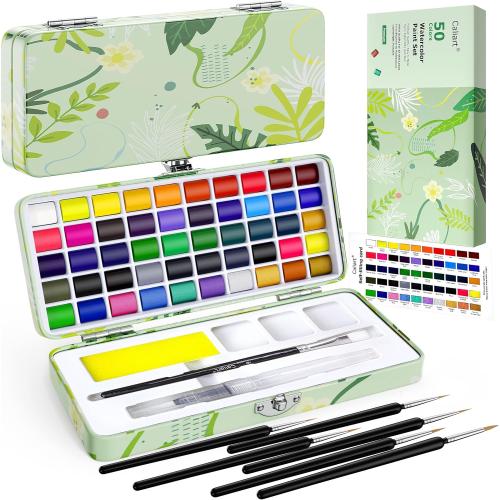 Caliart Watercolor Paint Set, 50 Colors Portable Travel Water Color Palette Kit with Detail Paint Brush, Art Supplies for Painting Coloring, Drawing Gifts for Adults Professional Artists