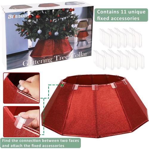 Fabric Christmas Tree Collar, Glittering Tree Ring, Willow Tree Skirt for Christmas Decorations (Glitter Red)