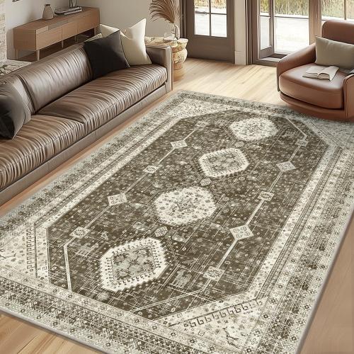 LOKHOM 8x10 Area Rugs for Living Room, Non-Slip Washable Vintage Area Rug, Low Pile Soft Faux Wool Large Floor Carpet Accent Rug for Bedroom Kitchen Entryway Dining Room Nursery,Vintage Brown