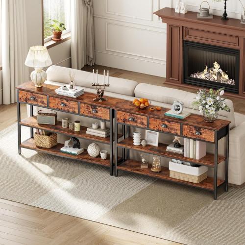 Furologee Long 47 Console Sofa Table with 3 Drawers, Entryway Table with 3-Tier Storage Shelves, Industrial Display Shelf for Entry Way, Hallway, Couch, Living Room, Kitchen, Foyer, Rustic Brown